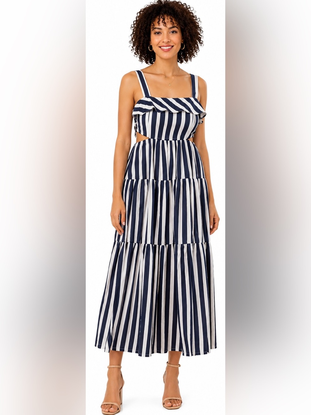 Moon River Navy Stripe Cutout Tie Back Maxi Dress Small Coastal Resort Boho